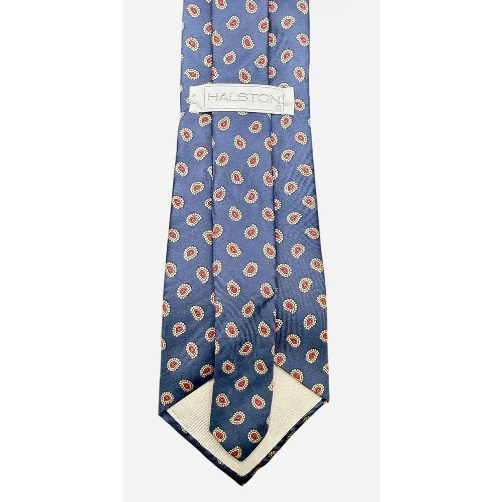 Halston Italian Silk Vintage Tie Blue W/Red Paisley Classic Designer